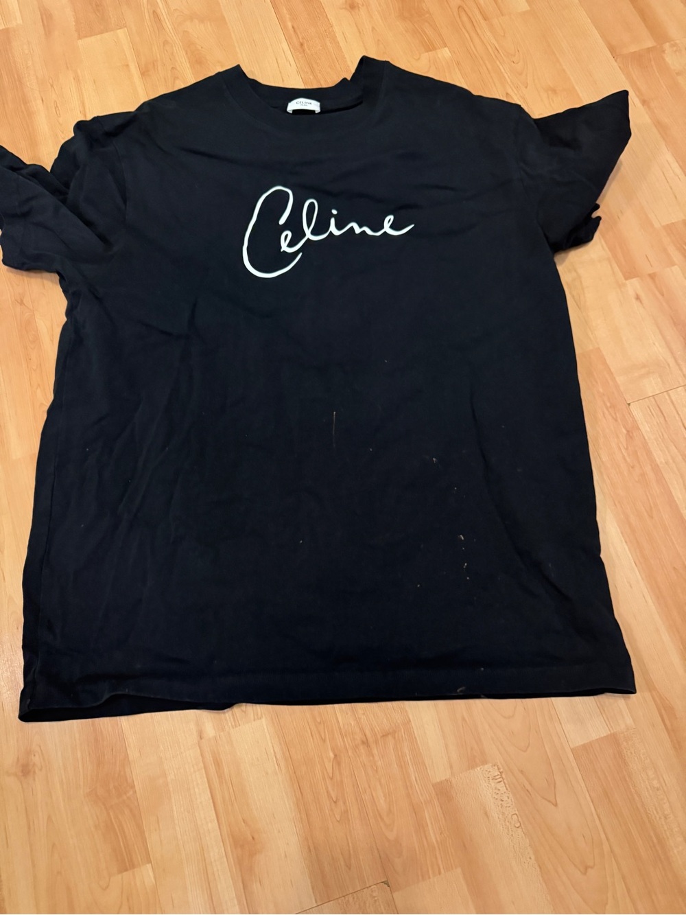 Celine Black Short Sleeve Logo Tee with White Script